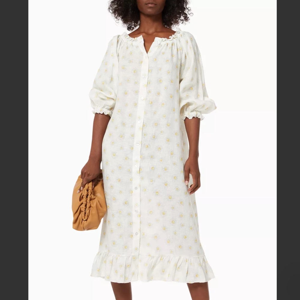 Sleeper linen White Floral Long Sleeve Midi Dress